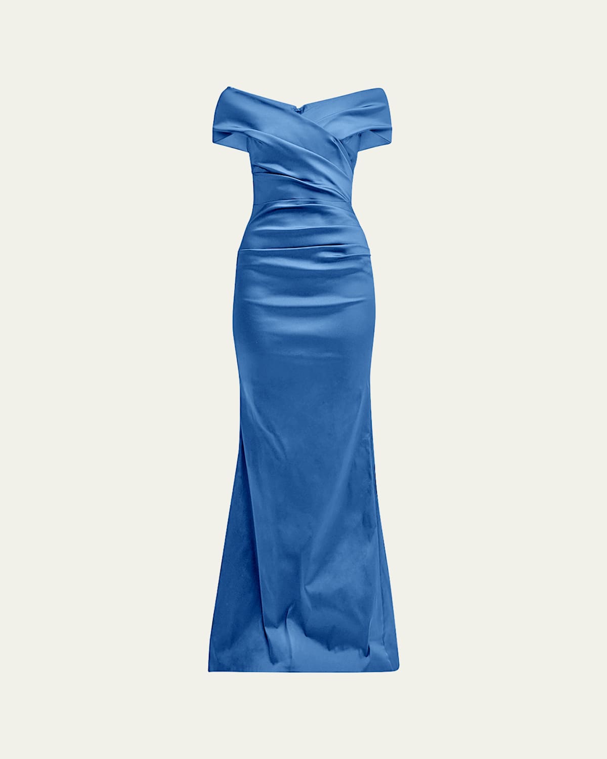 Pleated Off-Shoulder Satin Column Gown