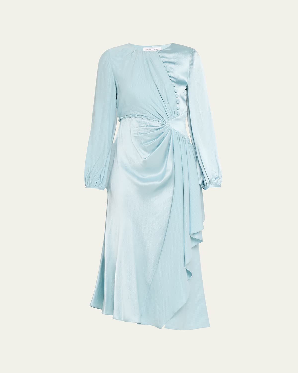 Buttoned Cascade Ruffle Slit Silk Midi Dress