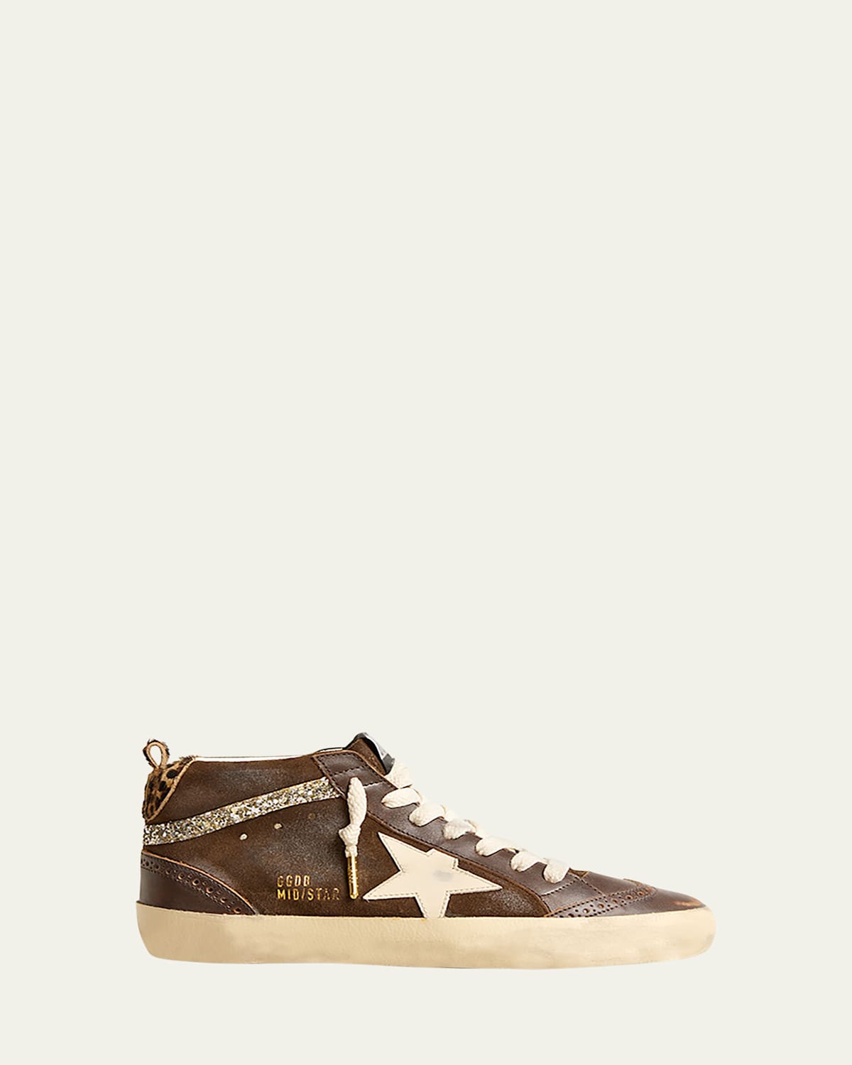Golden Goose Midstar Mixed Leather Leopard Mid-top Sneakers In Brownwhitesilver