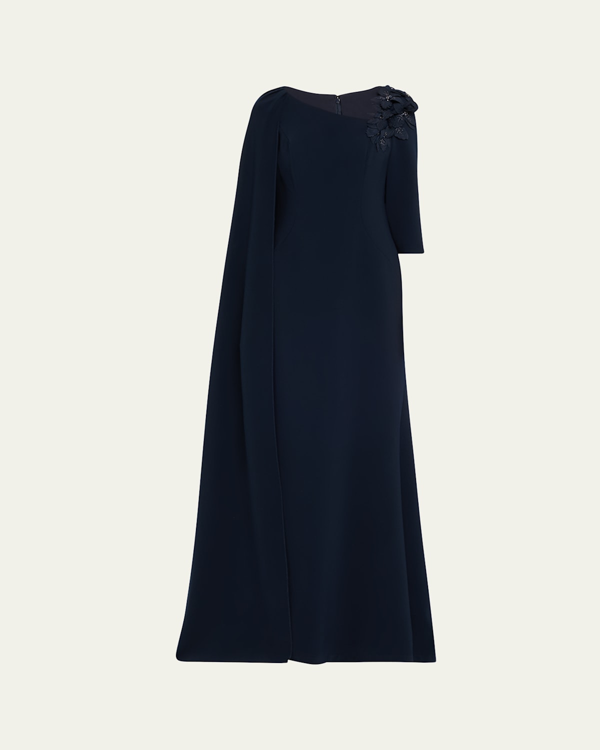 Rickie Freeman For Teri Jon Cape-sleeve Floral Applique Trumpet Gown In Navy