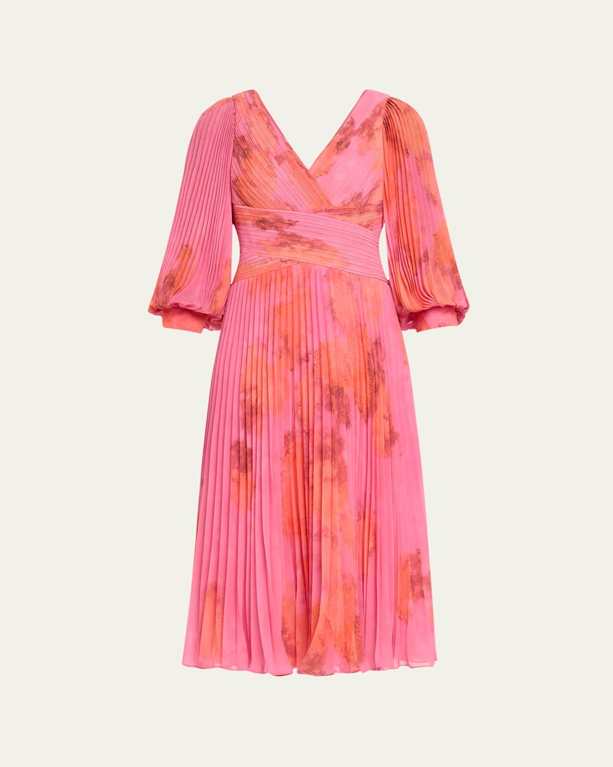 Pleated Abstract-Print Chiffon Midi Dress