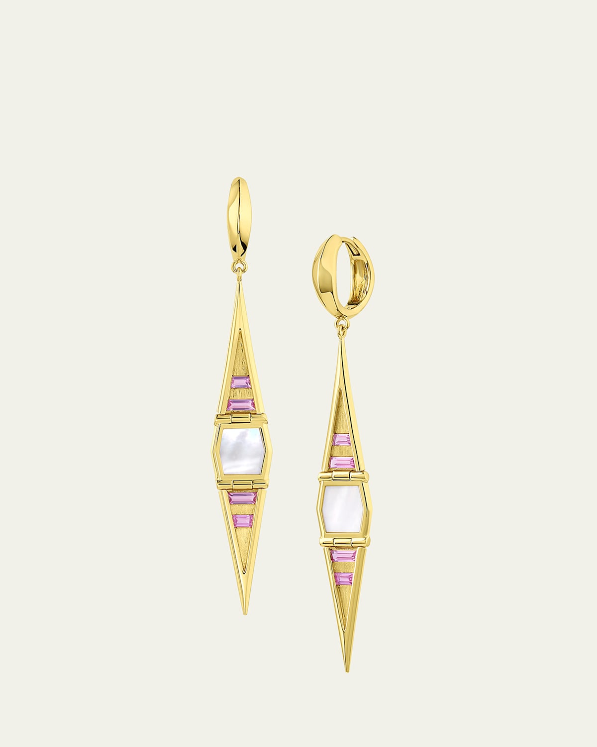 18K Gold Pink Sapphire and Mother-of-Pearl Hinged Swing Earrings
