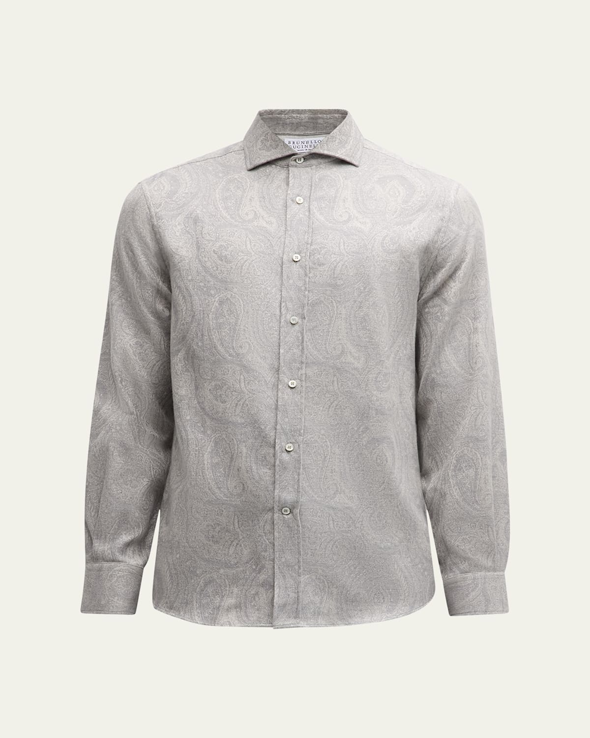 Brunello Cucinelli Men's Flannel Tonal Paisley Sport Shirt In Pearl Grey