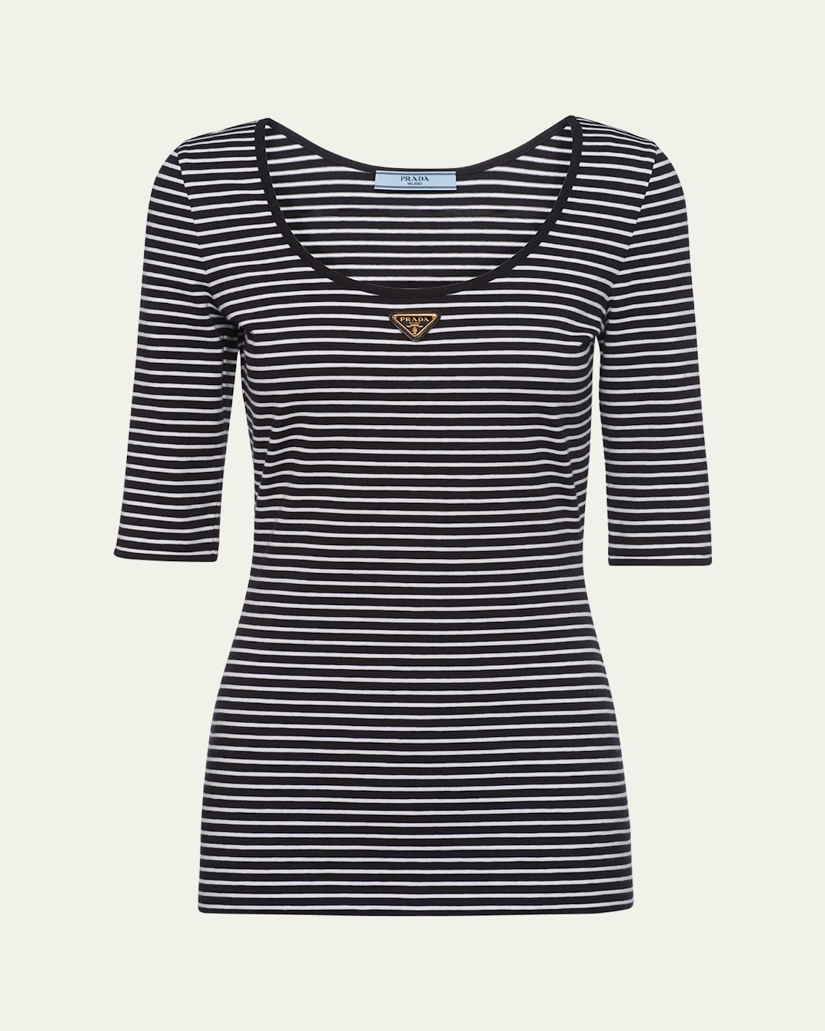 Prada Stripe Three-quarter Sleeve Jersey Top In Nero Bianco