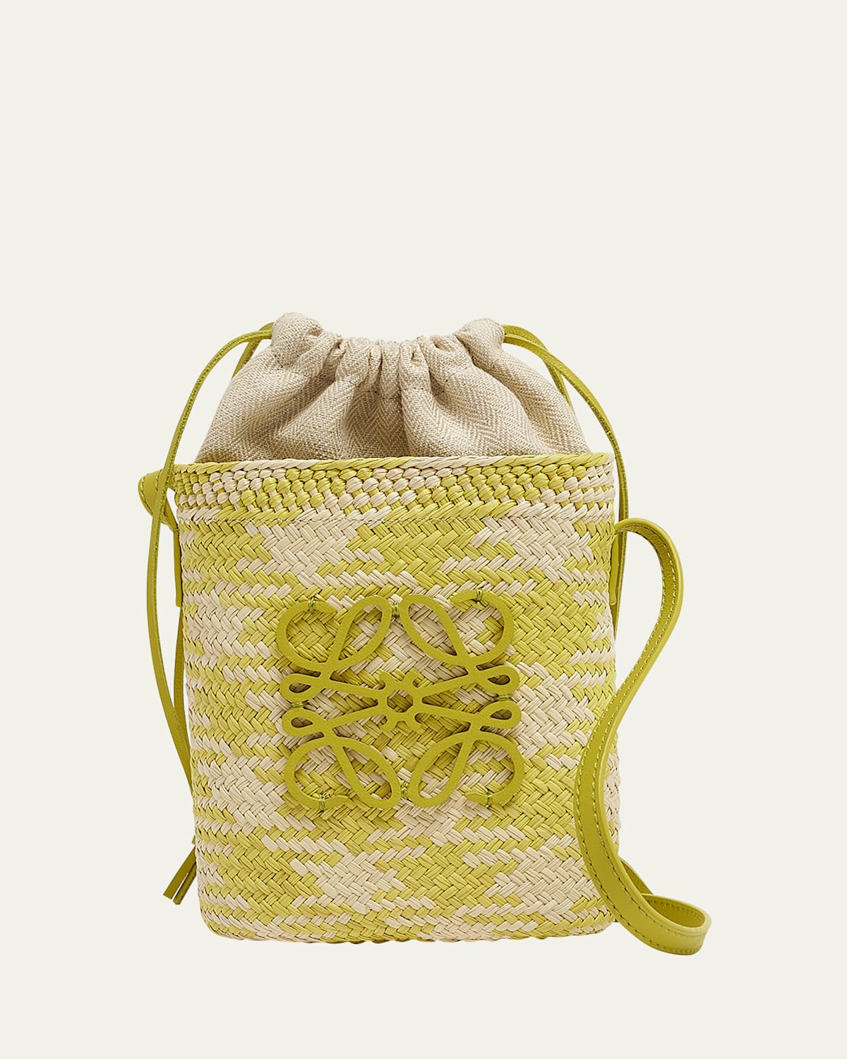 Loewe Square Mini Raffia Bucket Bag In Natural/lime Green