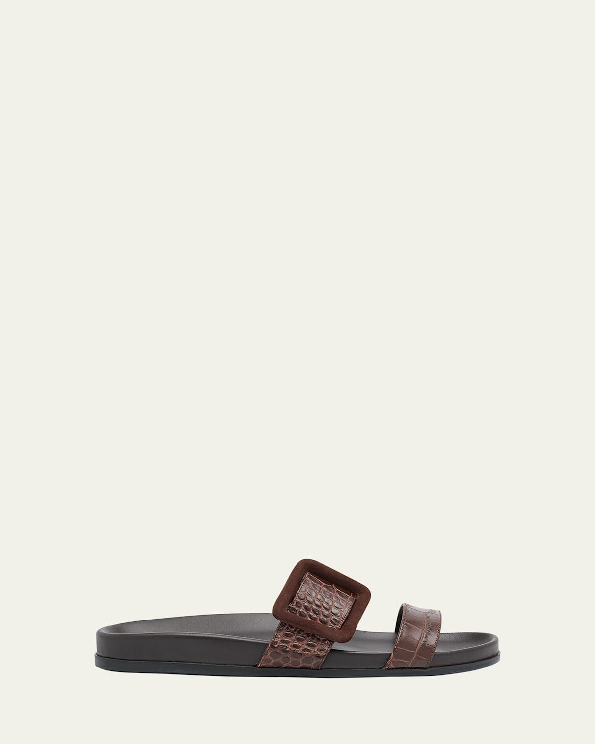 Shop Manolo Blahnik Mayfu Fussbett Croco Slide Sandals In Dark Brown