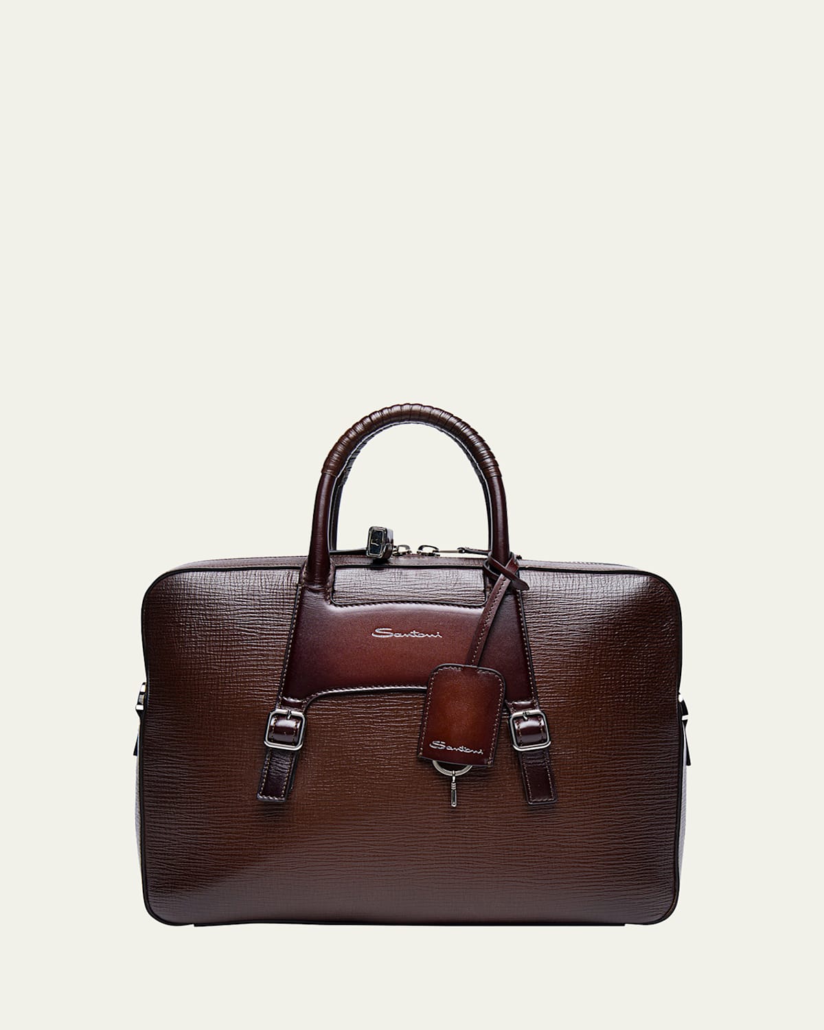 Santoni Men's Embossed Leather Computer Briefcase In Brown