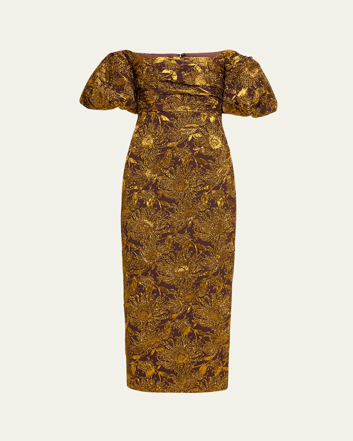 Metallic Sheath Dress with Puff Sleeves