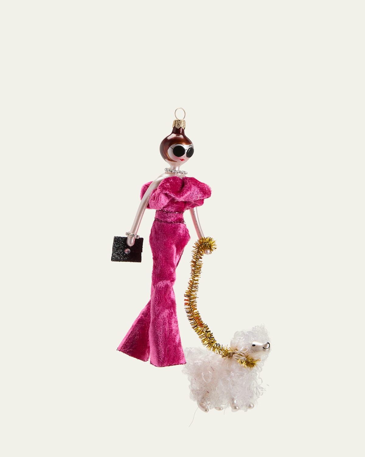 Fashionista in Pink Jumpsuit with Dog Christmas Ornament