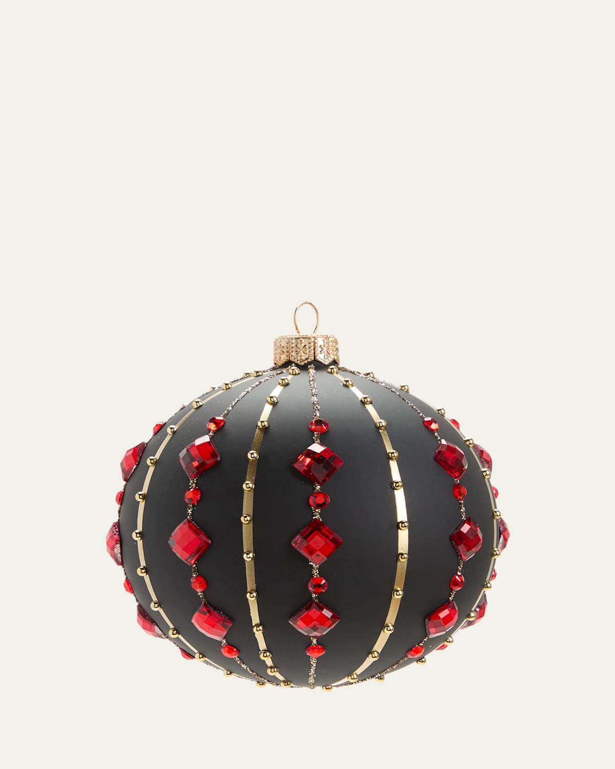 Matte Black Striped Gold and Red Stone Christmas Ornament