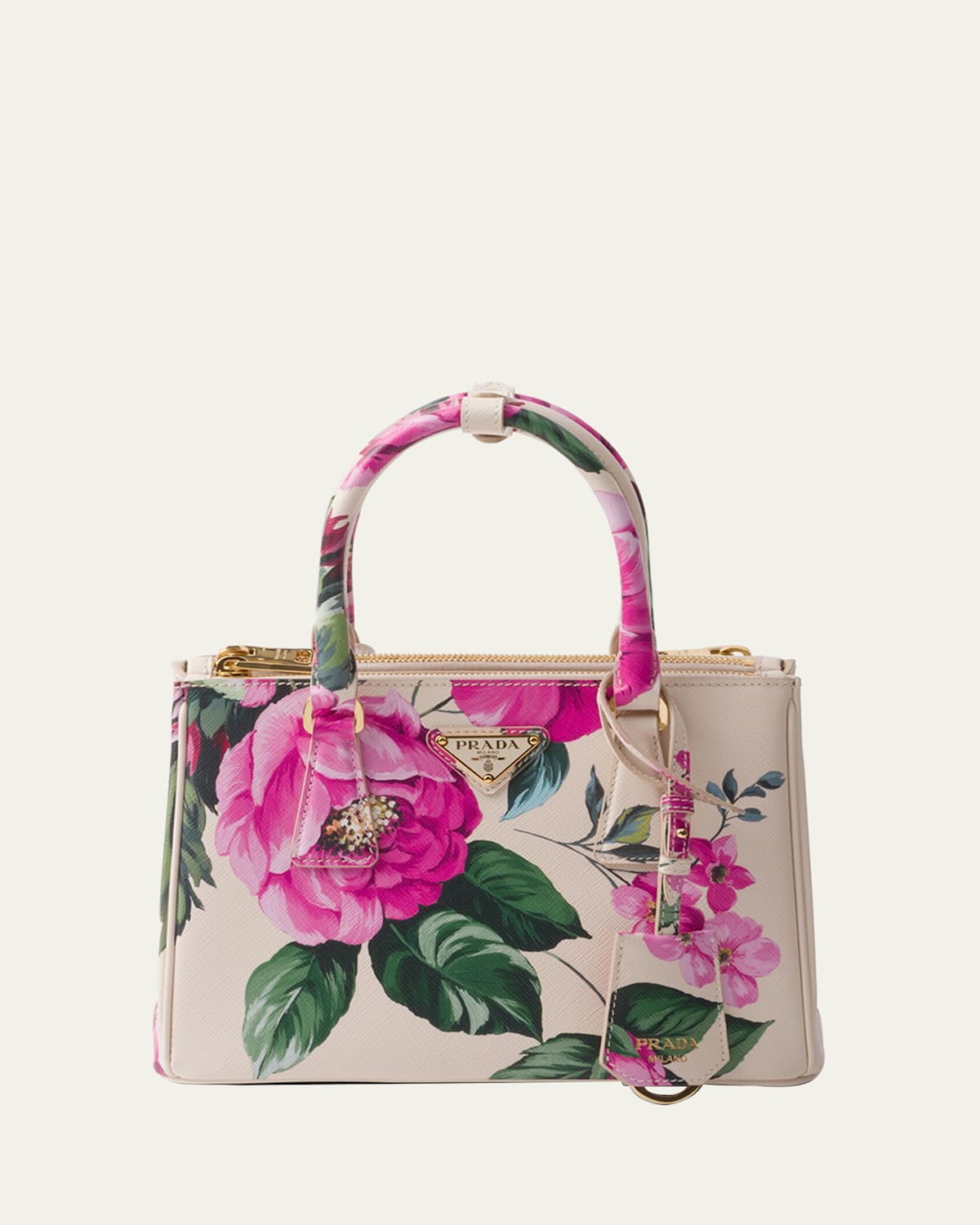 Prada Galleria Flower-print Leather Top-handle Bag In Orange