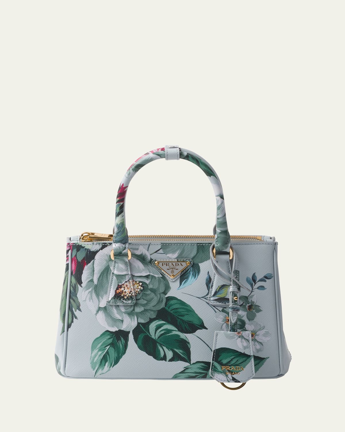 Prada Galleria Flower-print Leather Top-handle Bag In Green