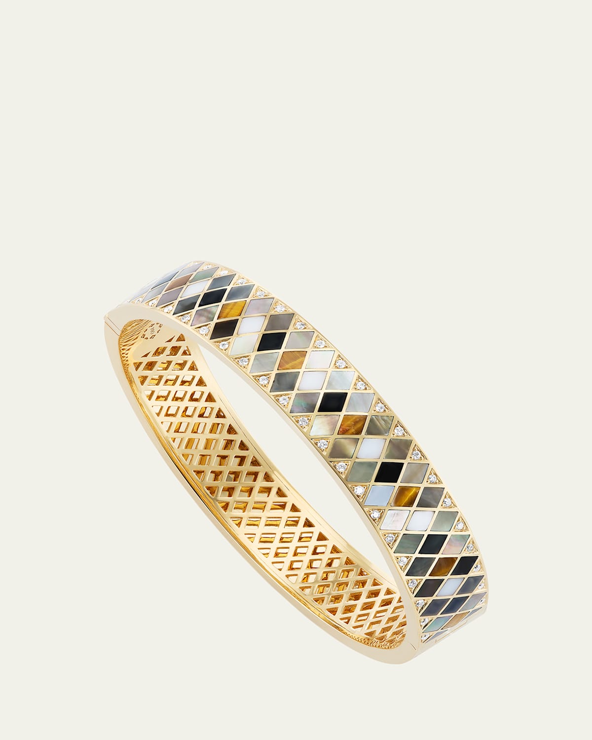18K Yellow Temple Tile Inlay Bangle Bracelet with Diamonds, MOP and Gemstones