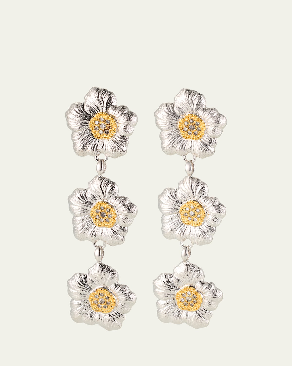 Blossoms Gardenia Sterling Silver and 18K Yellow Gold Diamond Triple Drop Earrings