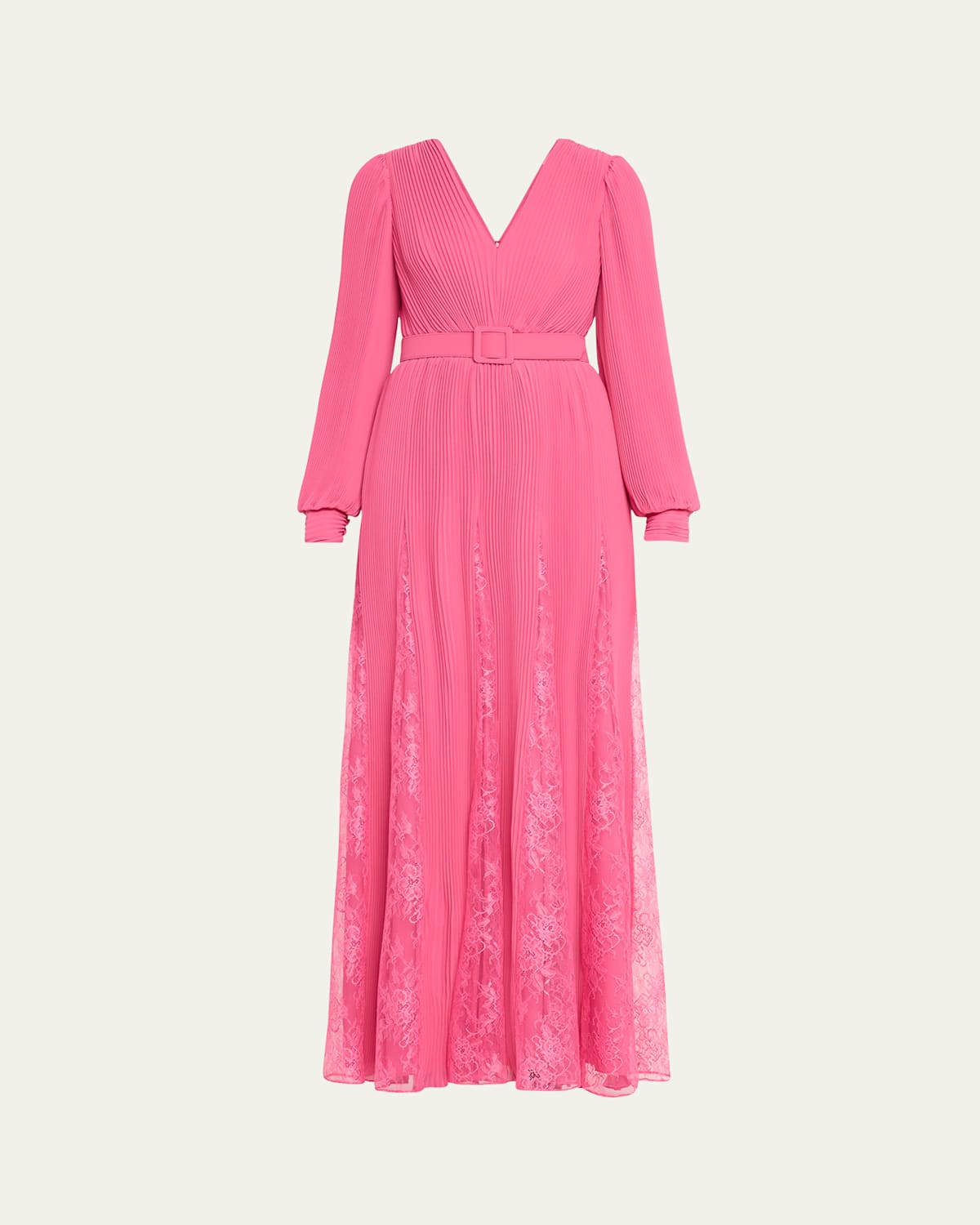 Pleated Lace-Inset Godet Gown