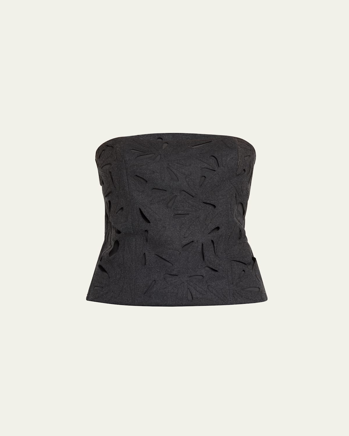 Brunello Cucinelli Strapless Flannel Wool Top With Laser-cut Embroidery In Dark Grey