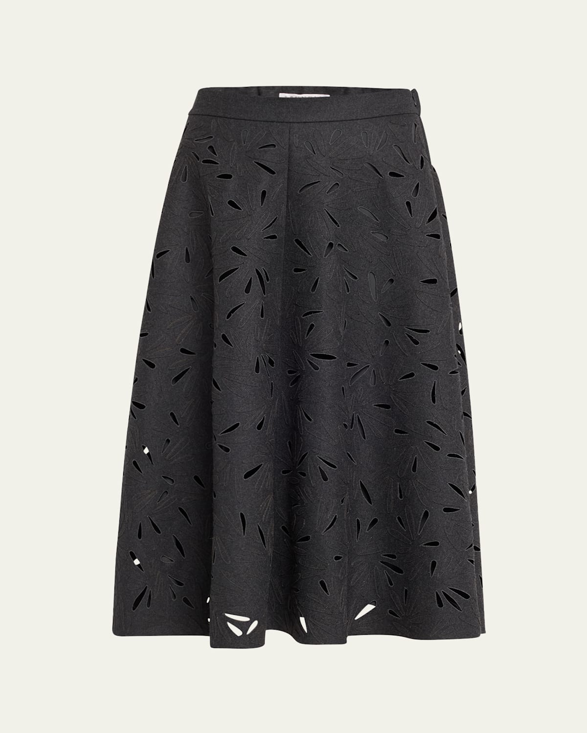 Brunello Cucinelli Flannel Wool A-line Midi Skirt With Laser-cut Floral Embroidery In Dark Grey