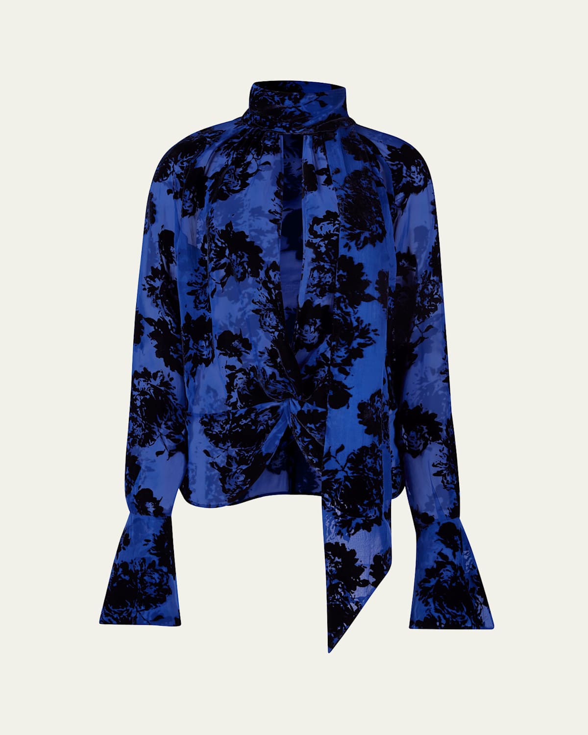 Floral Velvet Devore Cutout Scarf-Neck Blouse