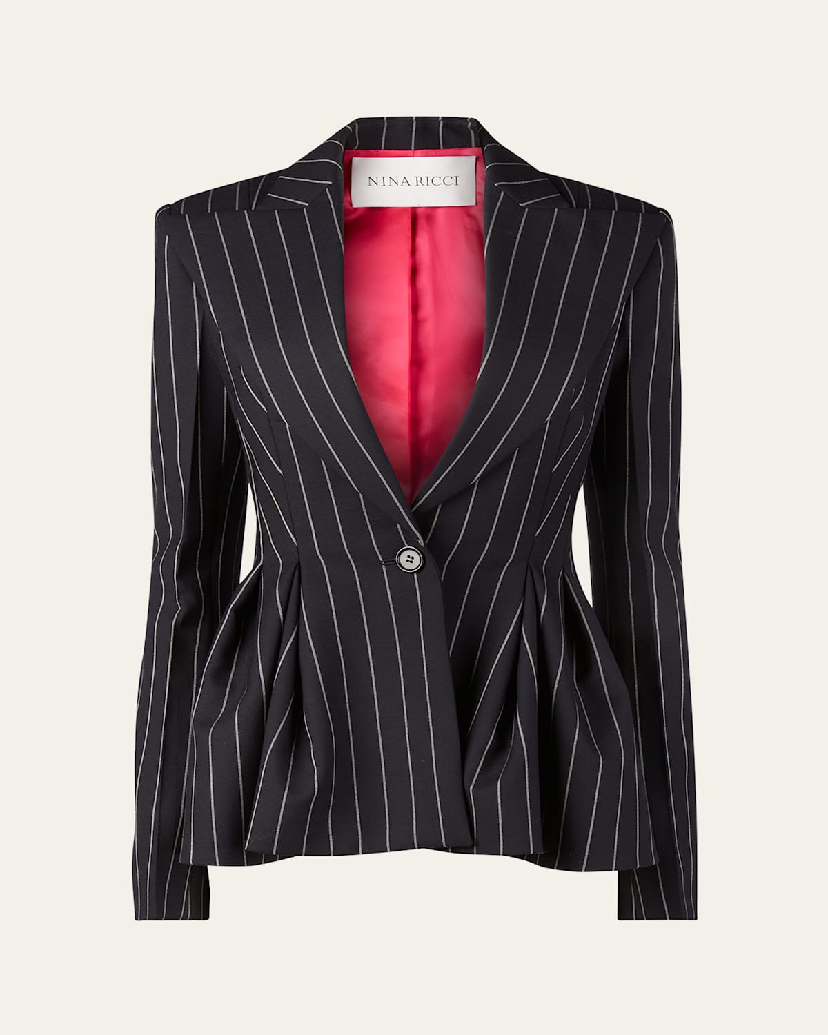 Pinstripe Peplum One-Button Wool Blazer