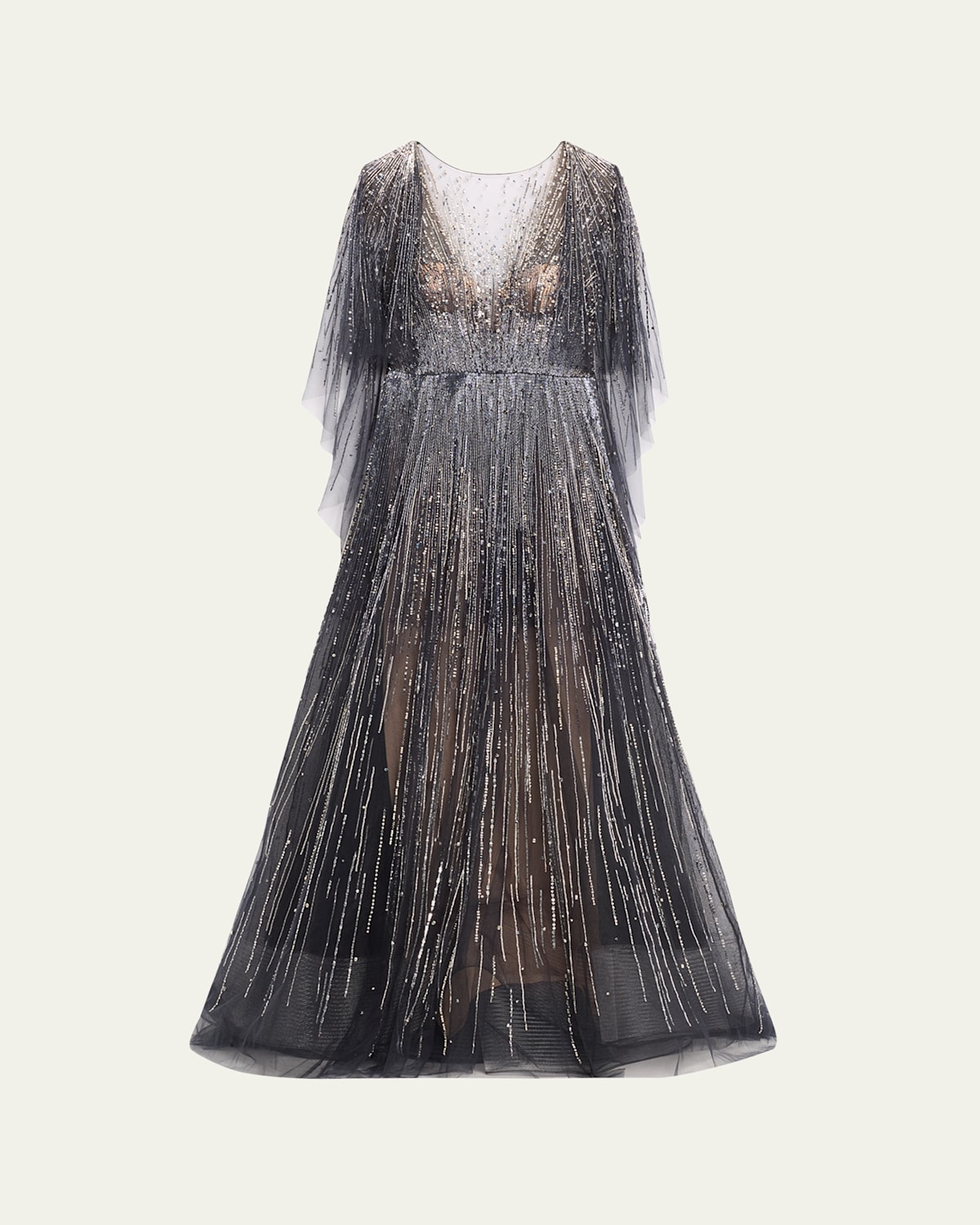 Fully-Embroidered Gown with Cape Sleeves