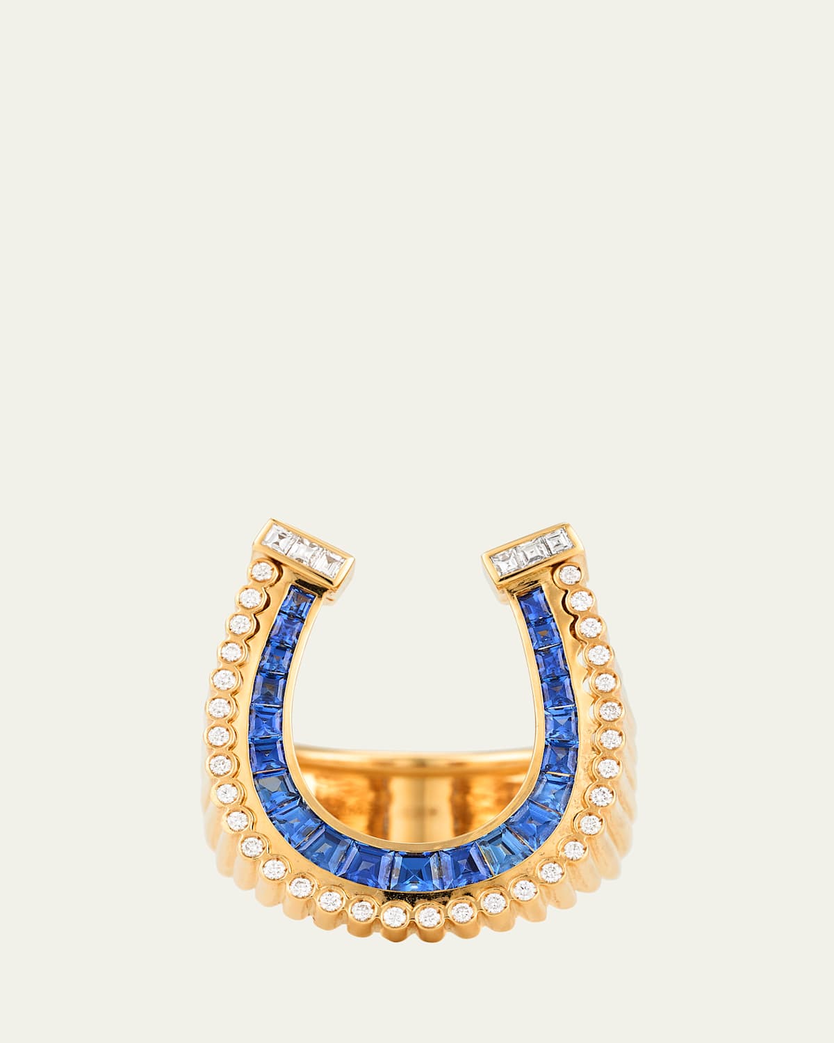 18K Yellow Gold Horseshoe Statement Ring with Diamonds and Sapphires