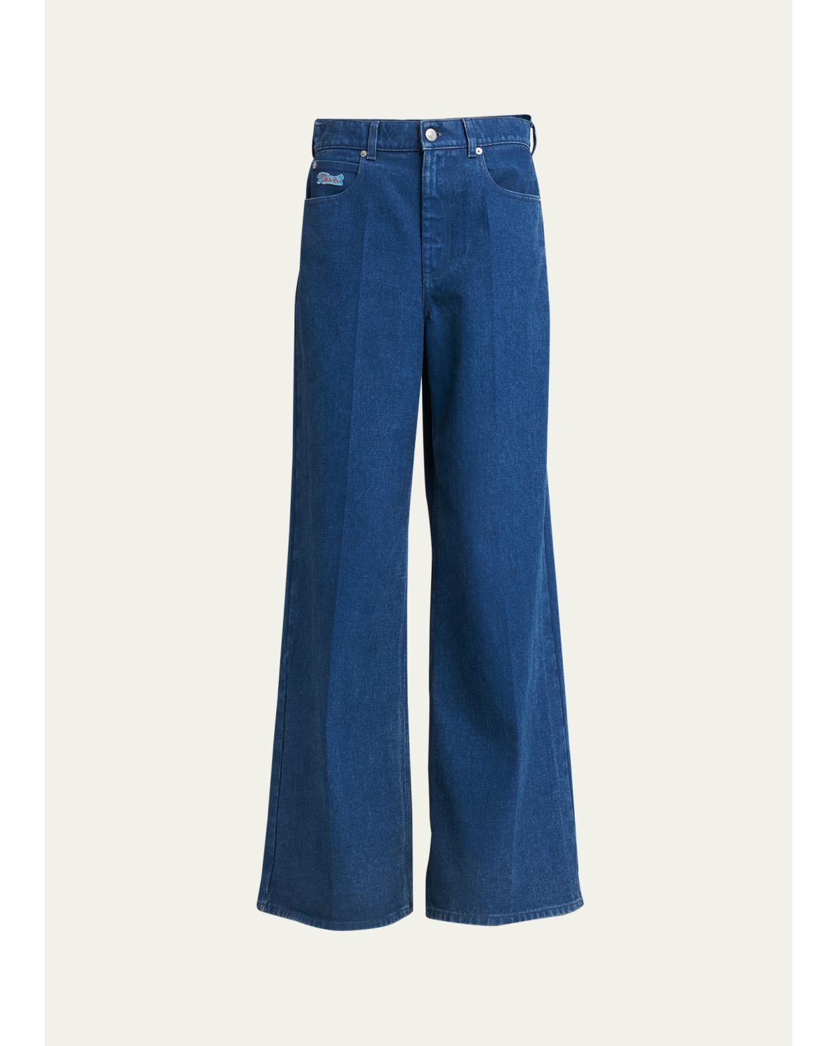 Logo-Embroidered Five-Pocket Wide- Leg