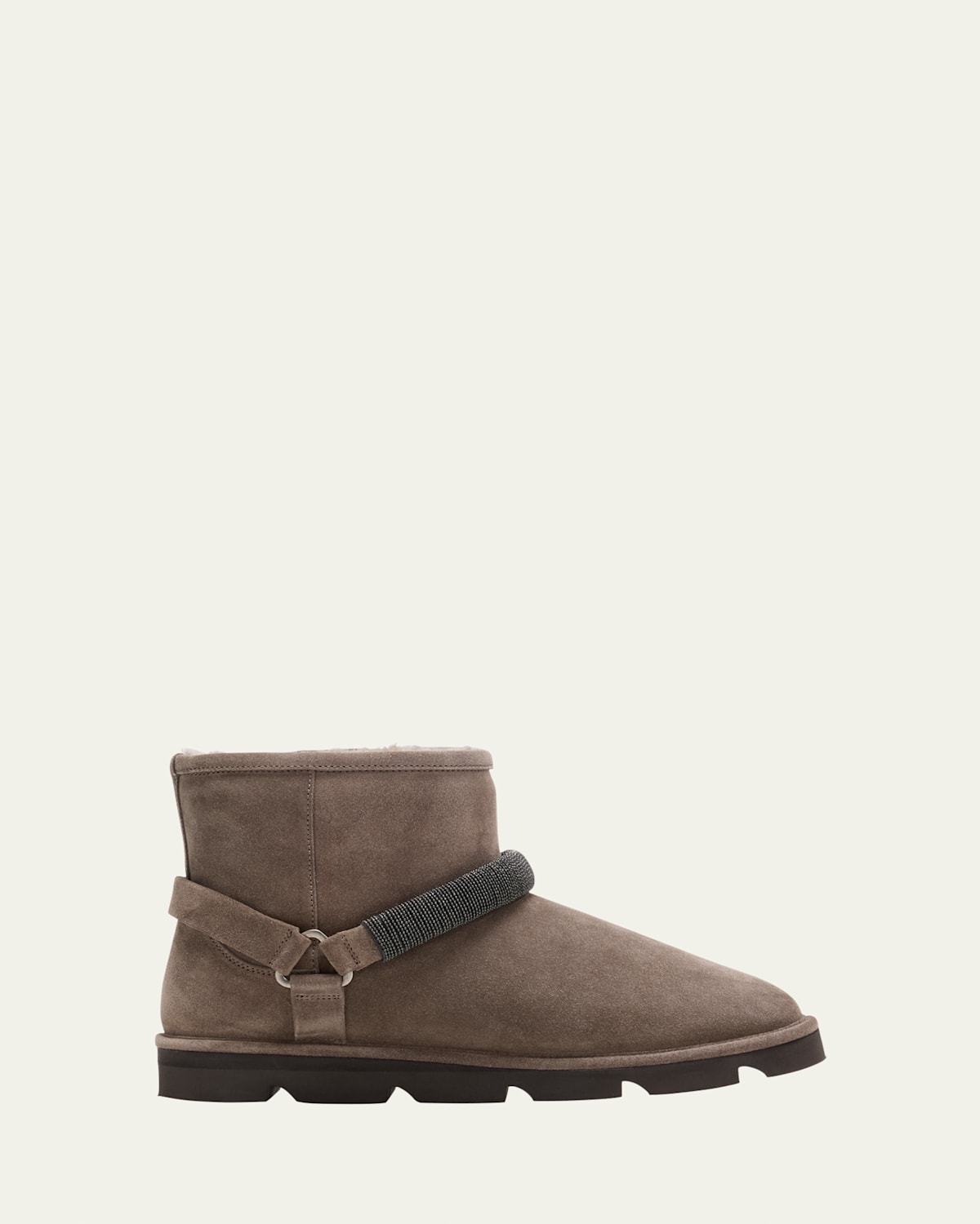Brunello Cucinelli Suede Shearling Monili Harness Boots In Grey