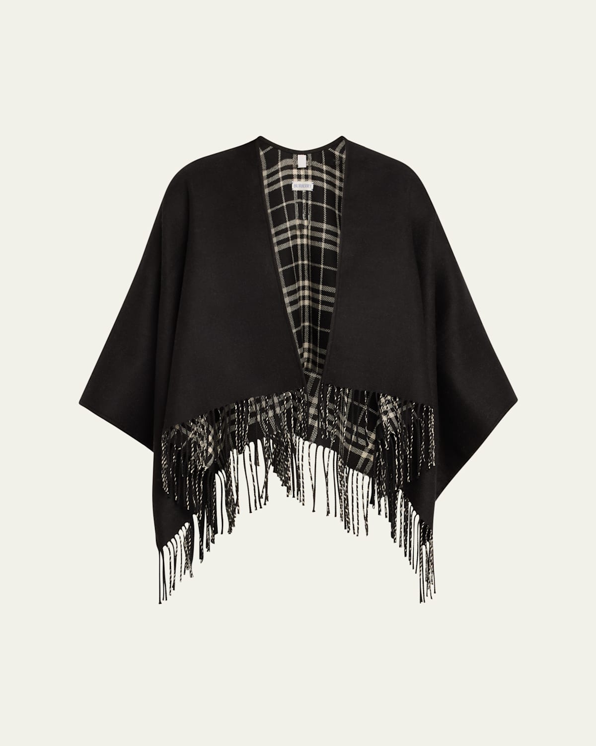 Burberry Fringed Reversible Wool Cape In Black Calico Ip Chk