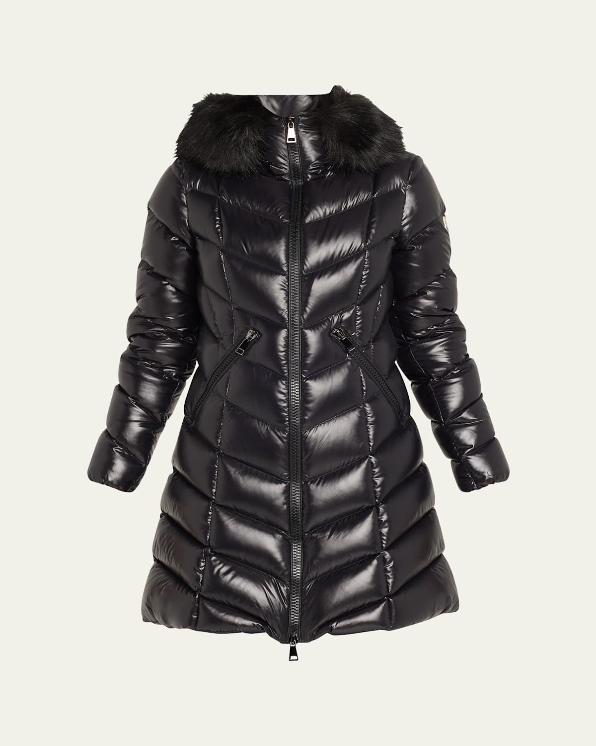 Fulmarus Chevron-Quilted Long Puffer Coat with Faux Fur Trim