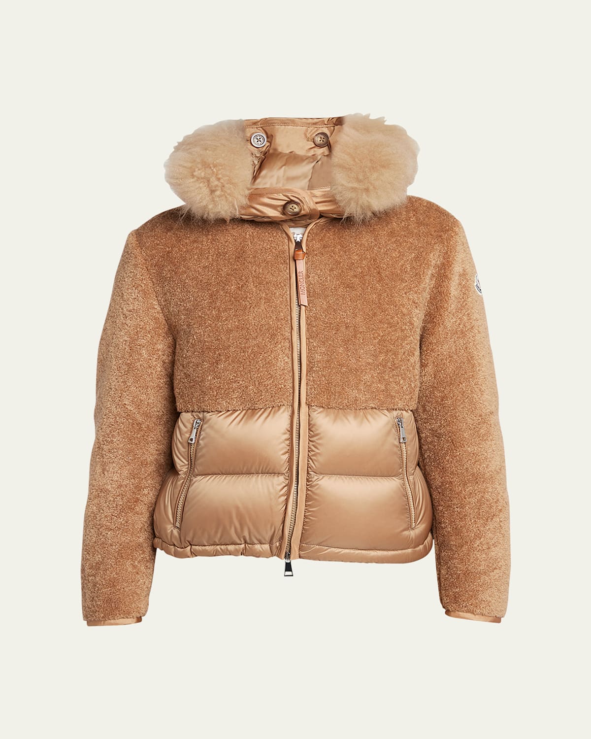 Moncler Marne Mixed Media Down Jacket With Removable Genuine Goat Hair Trim Hood In Medium Beige