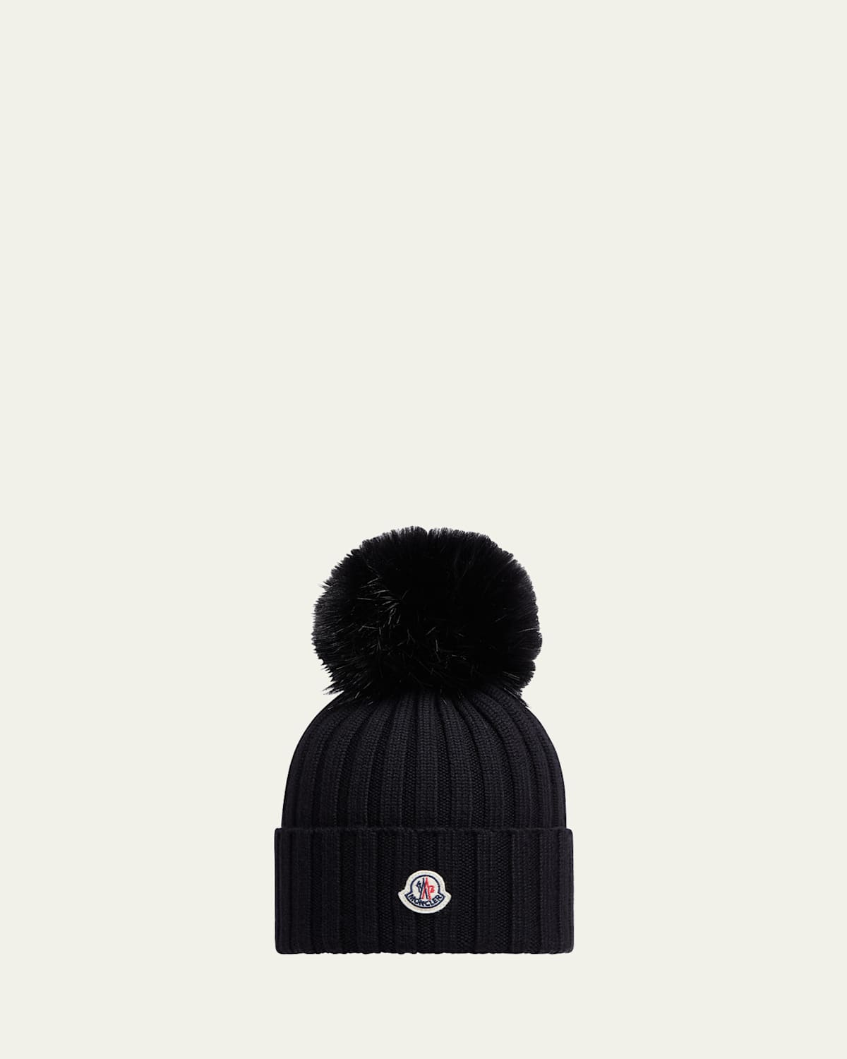 Moncler Ribbed Wool Beanie with Faux Fur Pom