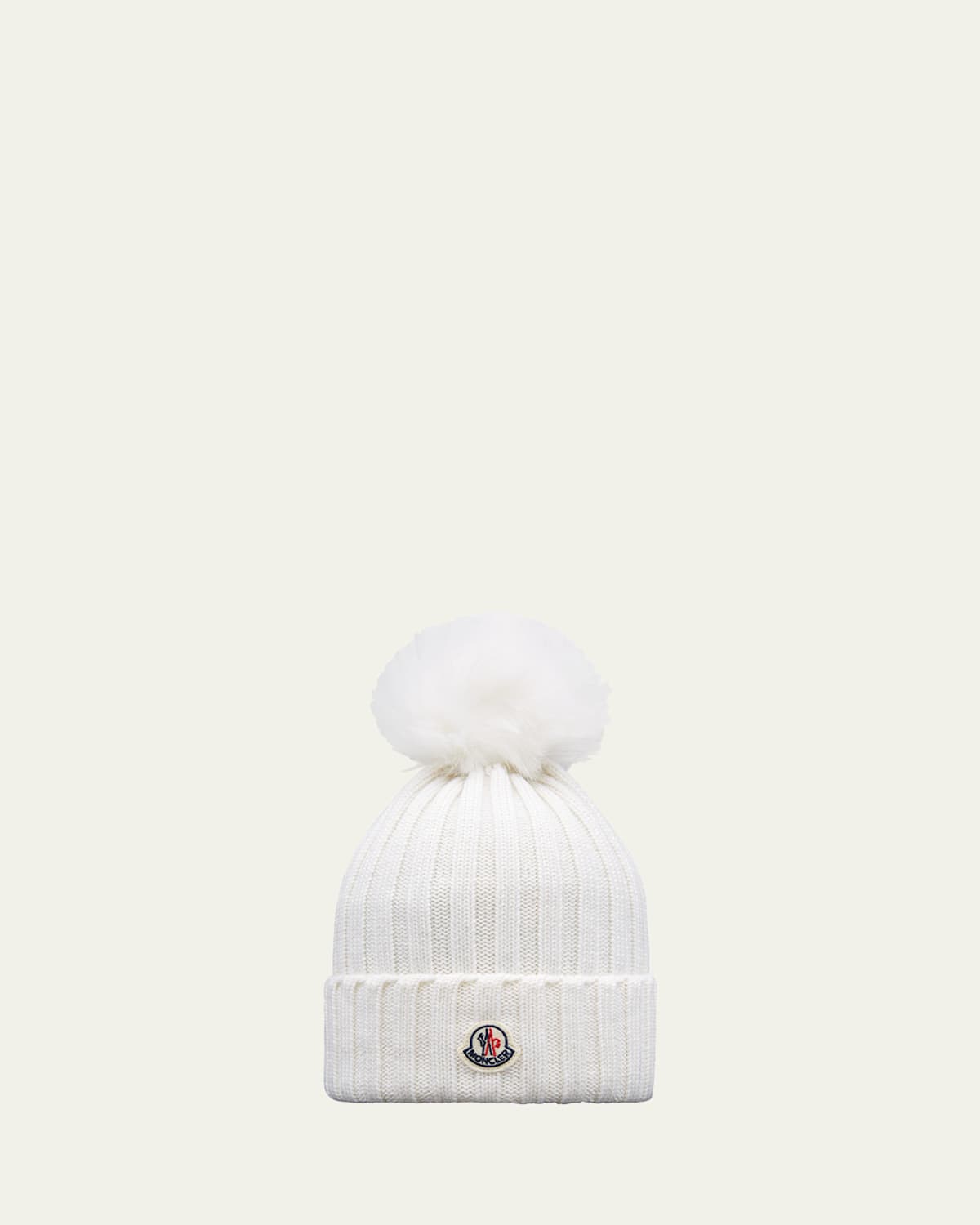 Moncler Ribbed Wool Beanie with Faux Fur Pom