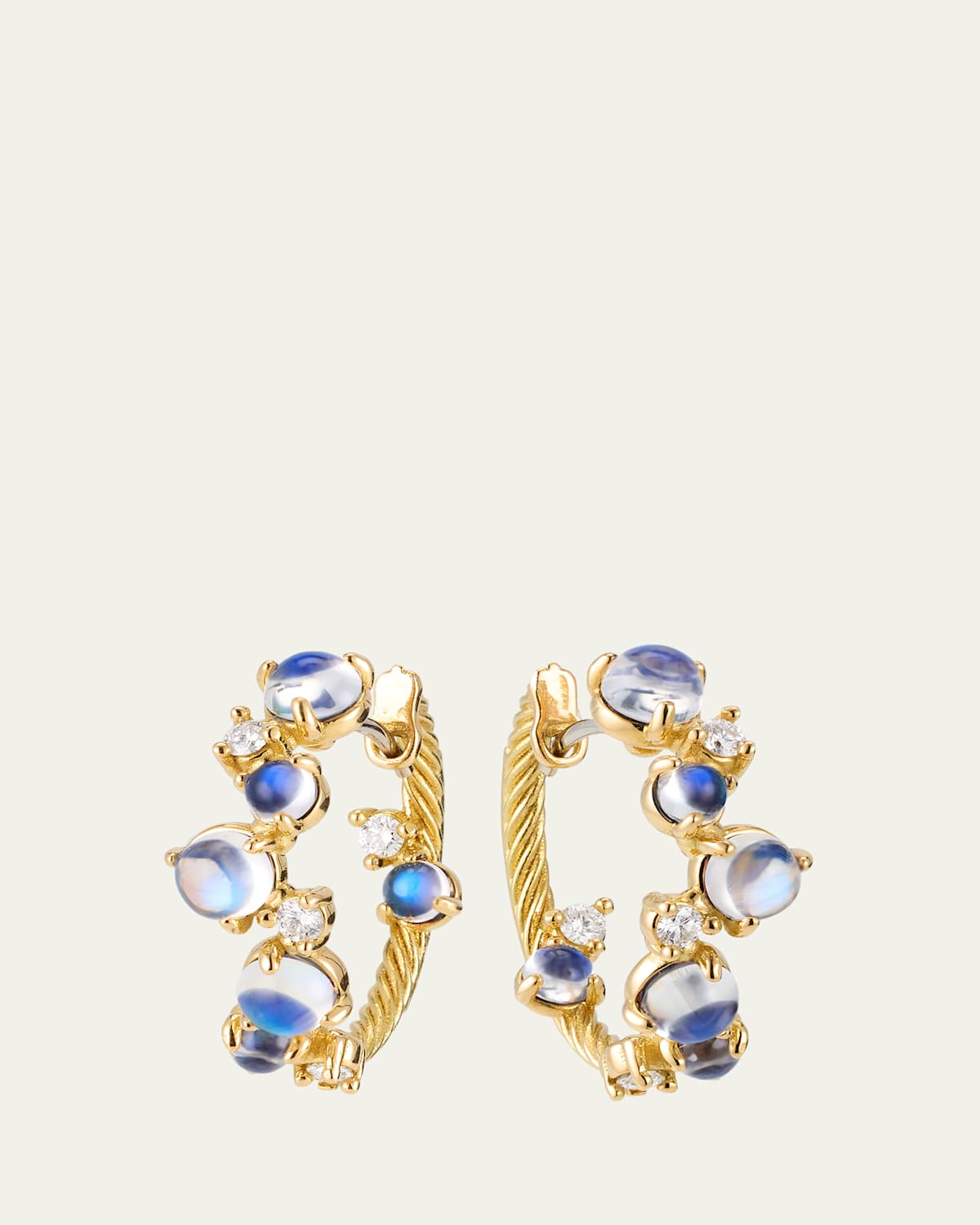 18K Yellow Gold Bubble Snap Hoop Earrings with Diamonds and Moonstone, 20mm
