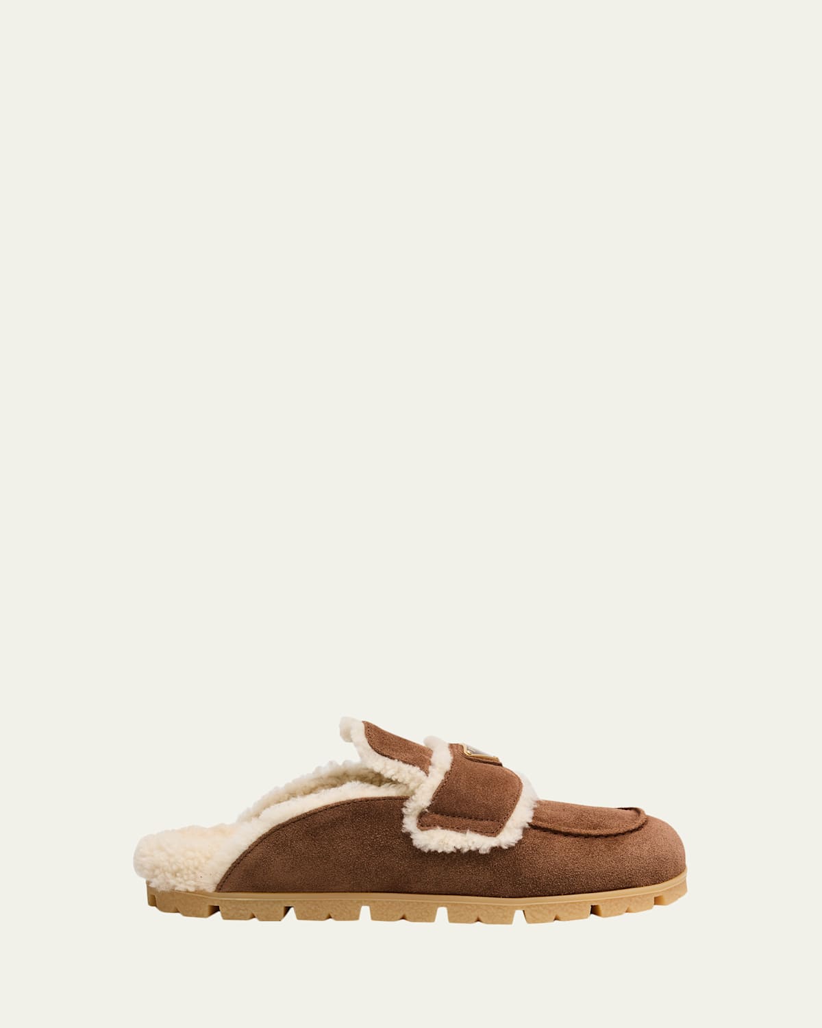 Prada Round Toe Suede Mules With Shearling Lining In Brown