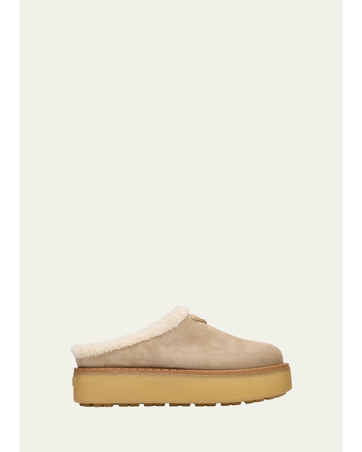Prada Suede Shearling Cozy Platform Mules In Dark Beige