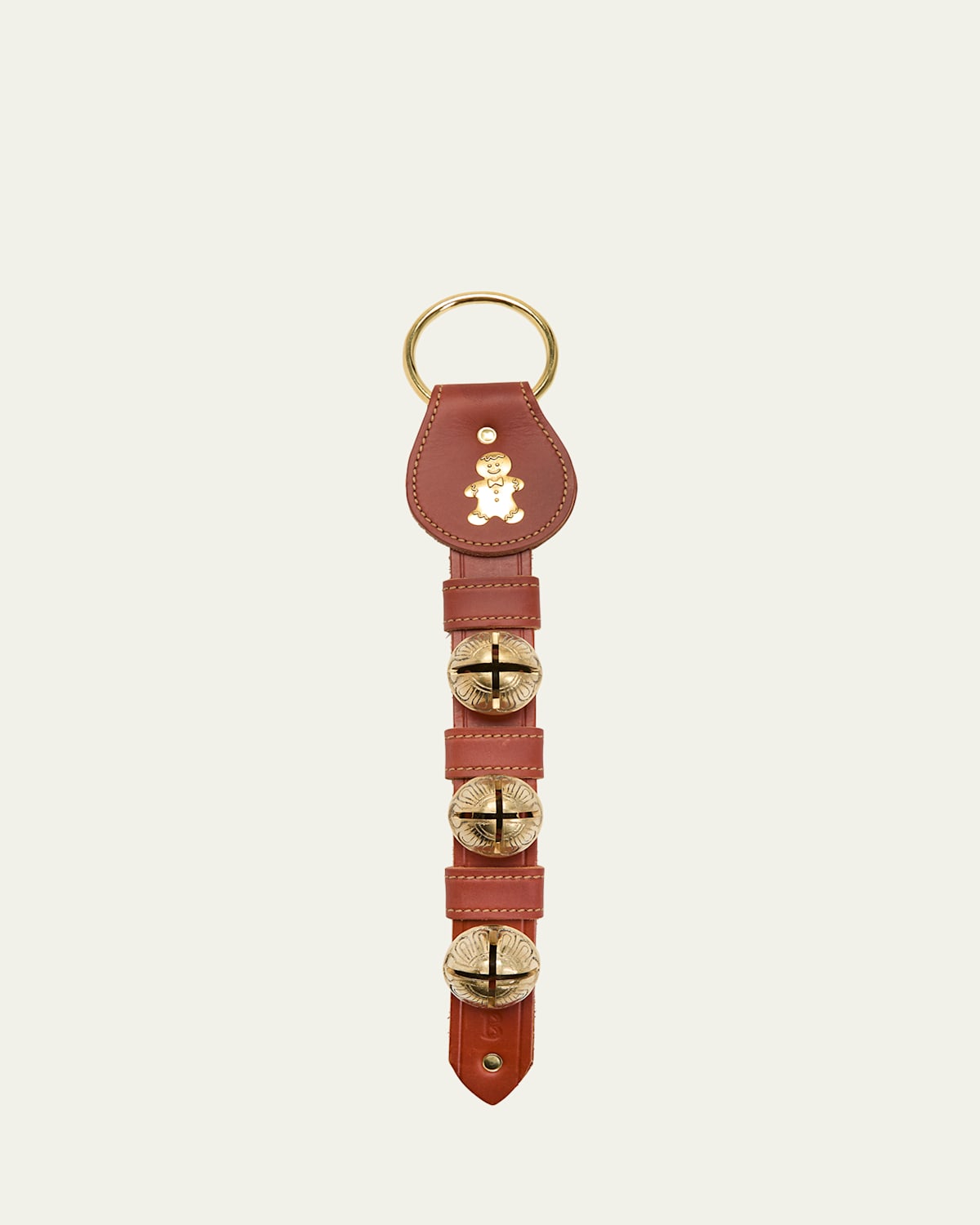 3 Solid Brass Bells Leather Strap with Gingerbread Charm