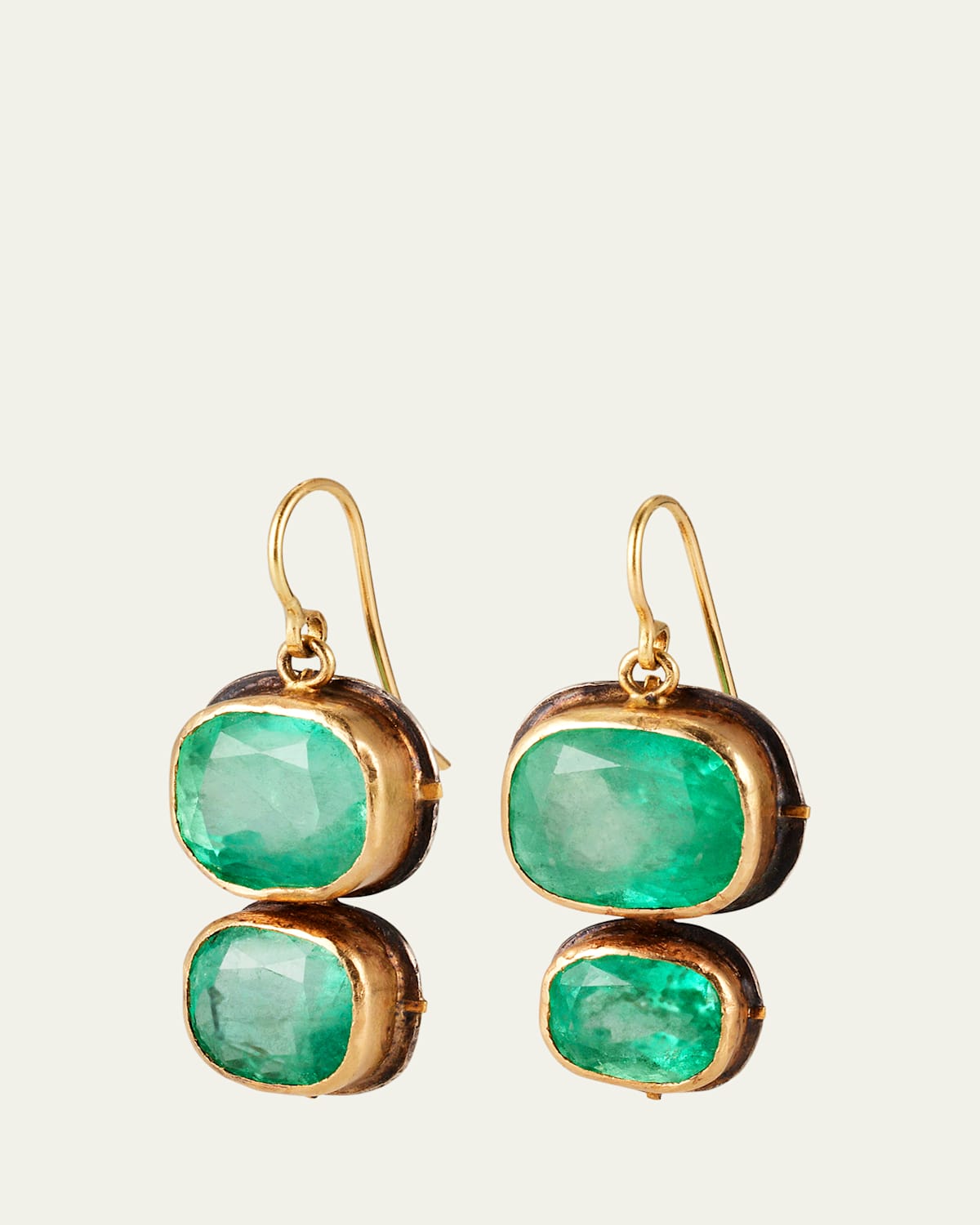 Yellow Gold Cushion Cut Colombian Emerald Double Drop Earrings