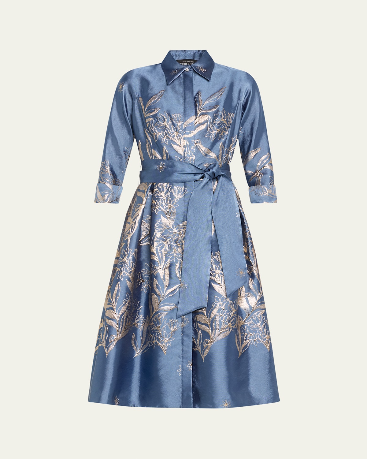 Tie-Waist Metallic Jacquard Midi Shirtdress