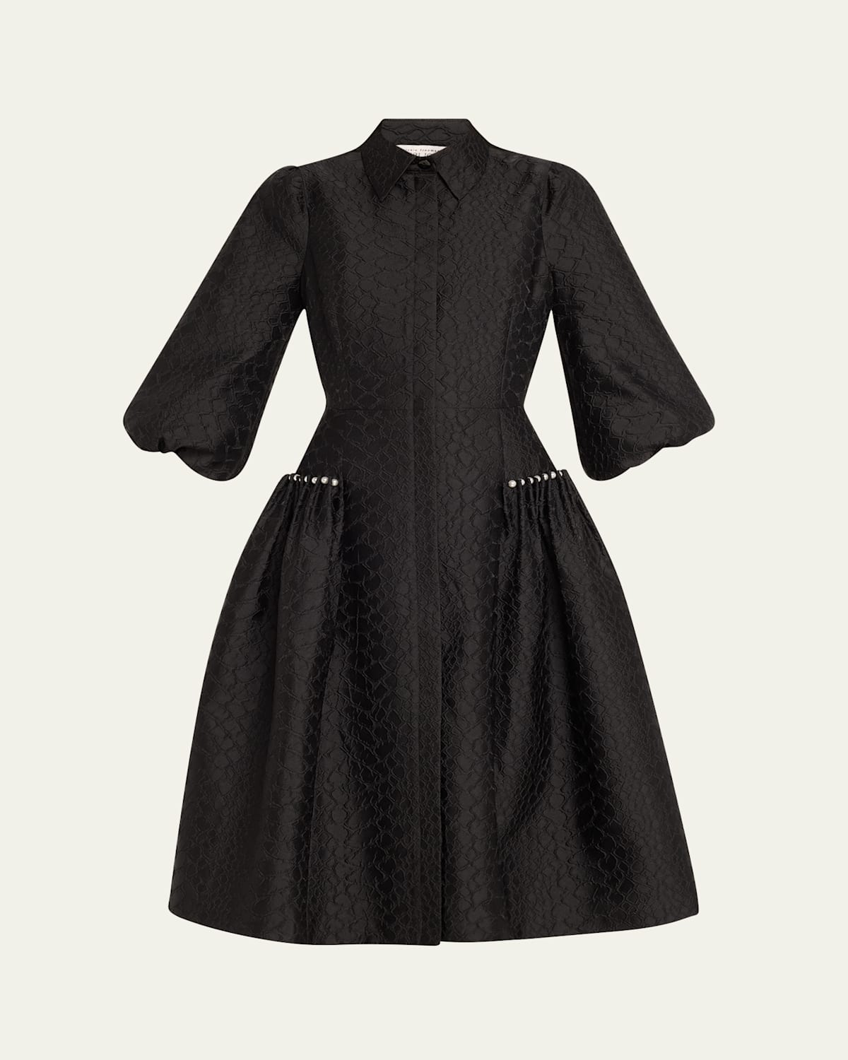 Pearly-Trim Jacquard Midi Shirtdress