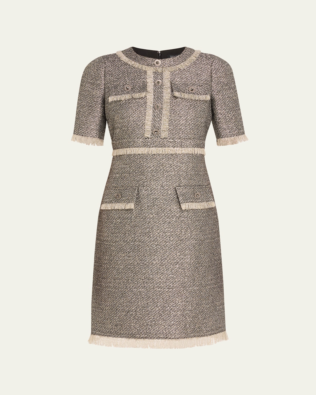 Fringe-Trim Metallic Tweed Dress