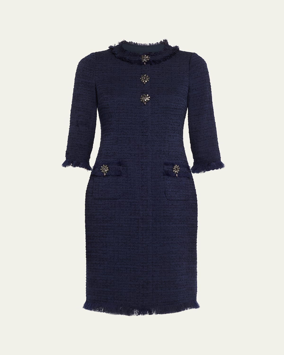 Rickie Freeman For Teri Jon Fringe-trim Stretch Boucle Dress In Navy