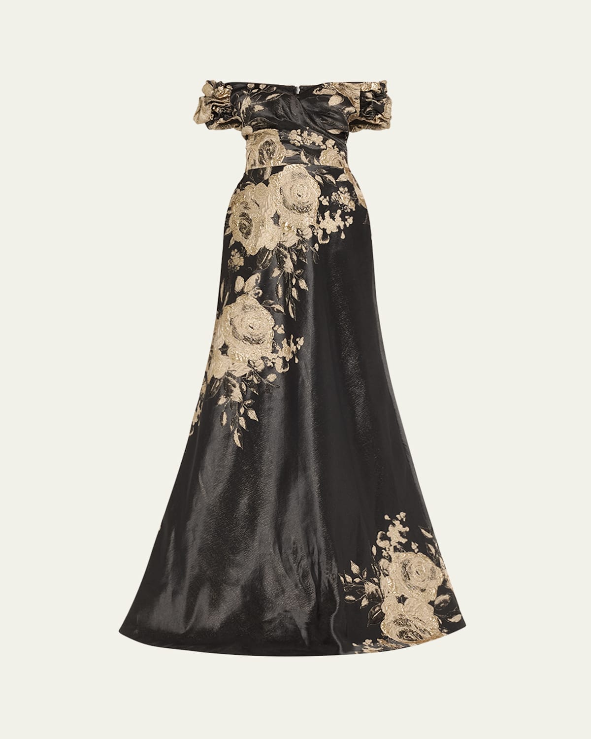 Cap-Sleeve Floral Metallic Jacquard Gown