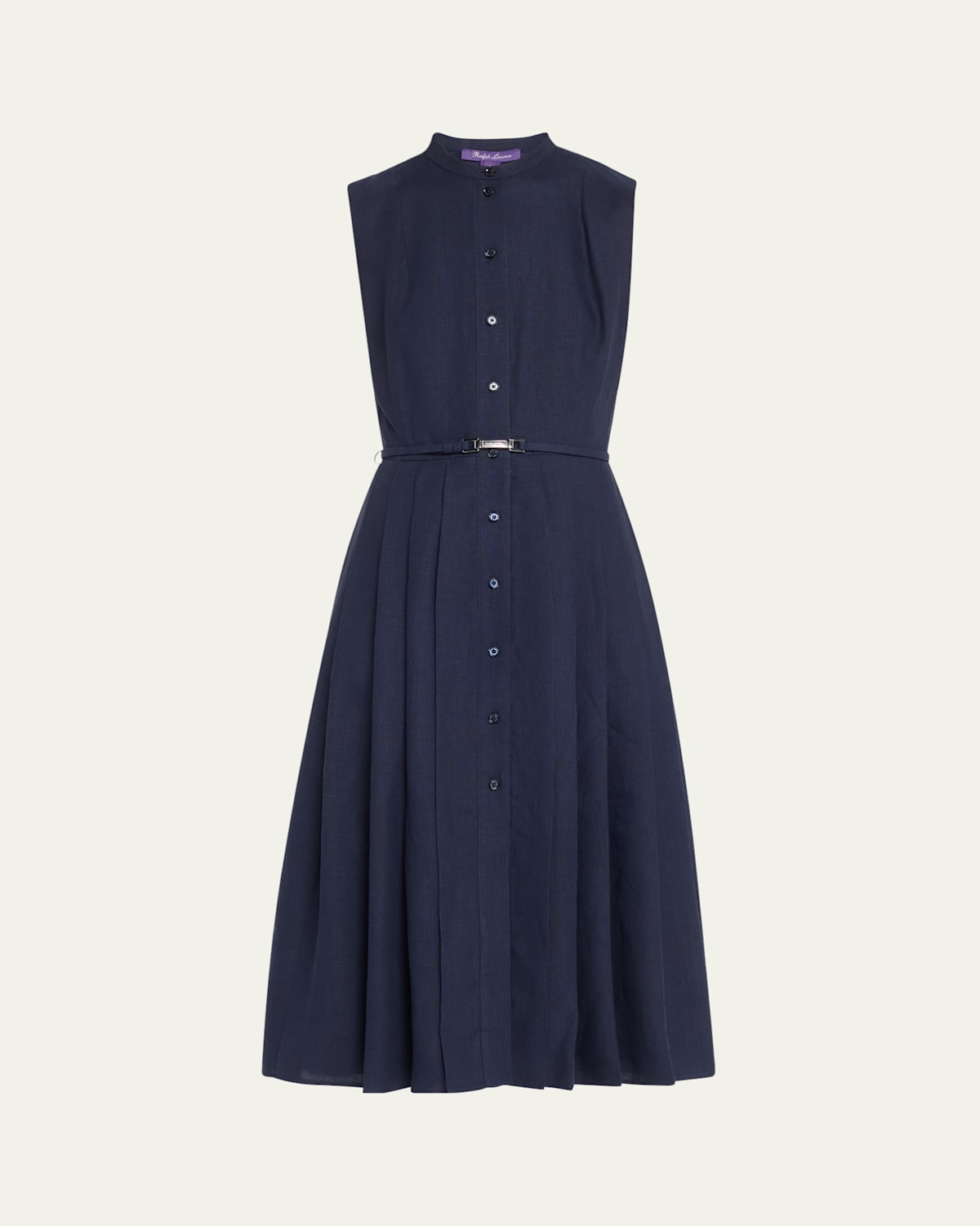 Freida Pleated Leather Belt Midi Linen Dress
