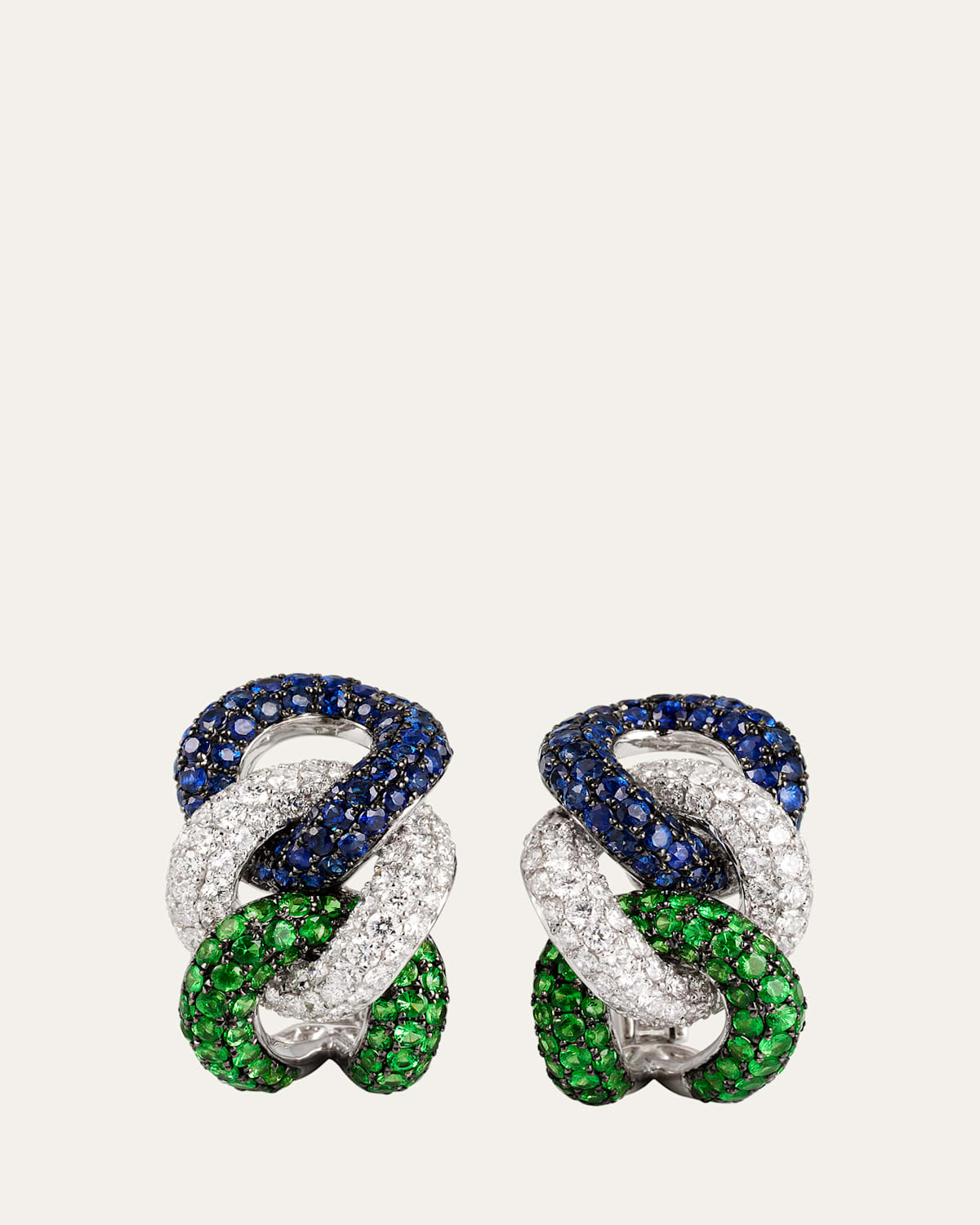 18K White Gold Rope Chain Earrings with Sapphire, Garnet, and Diamonds