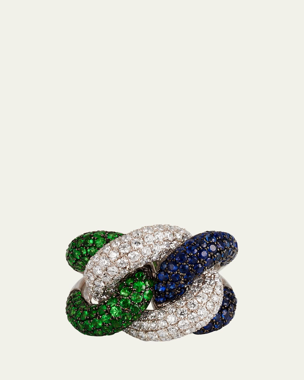 18K White Gold Rope Chain Ring with Sapphire, Garnet, and Diamonds