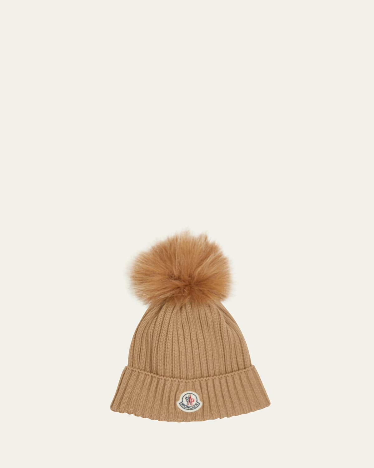 Moncler Kid's Ribbed Wool Beanie With Faux Fur Pom In Brown