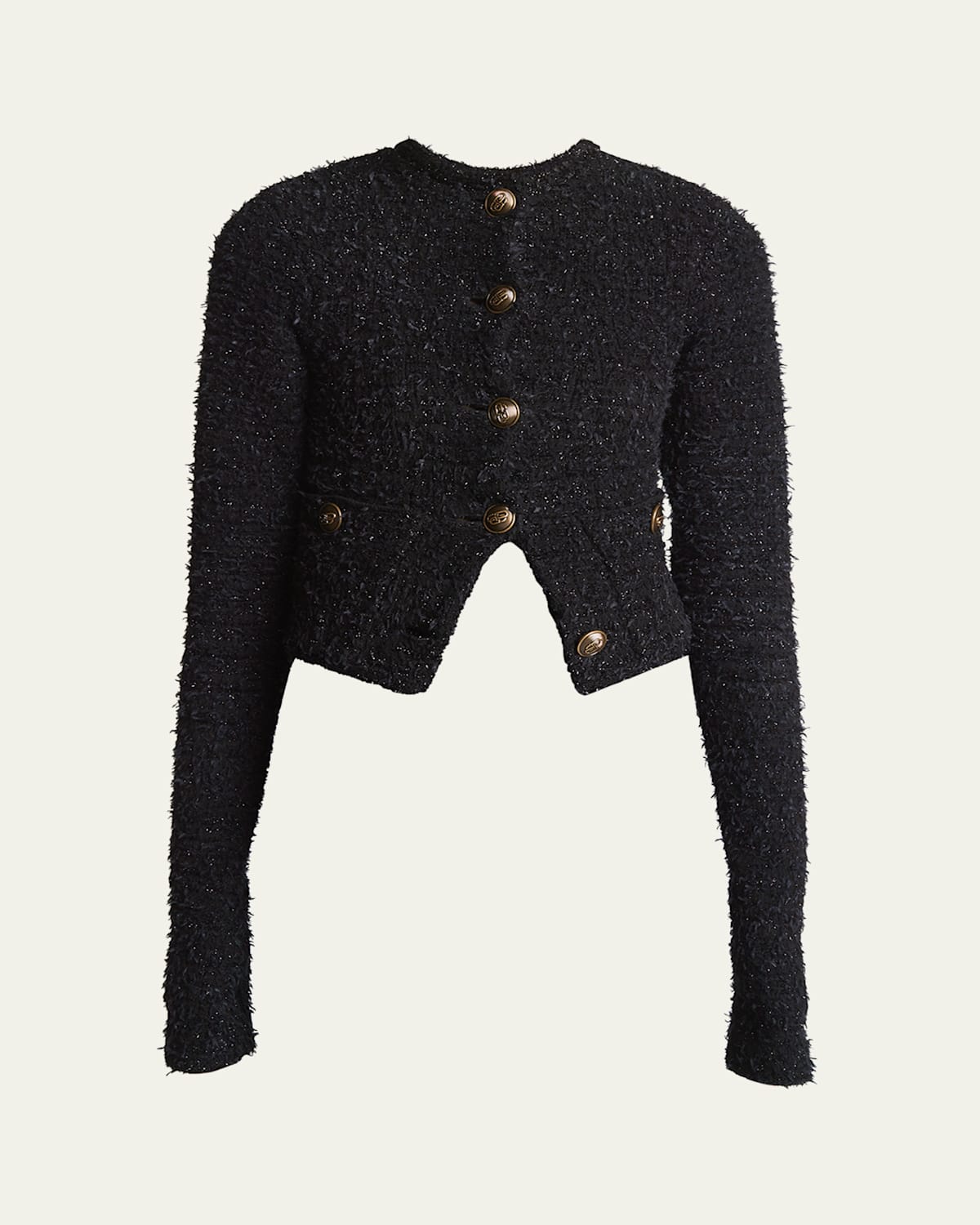 Cropped Tweed Knit Cardigan with Logo Buttons