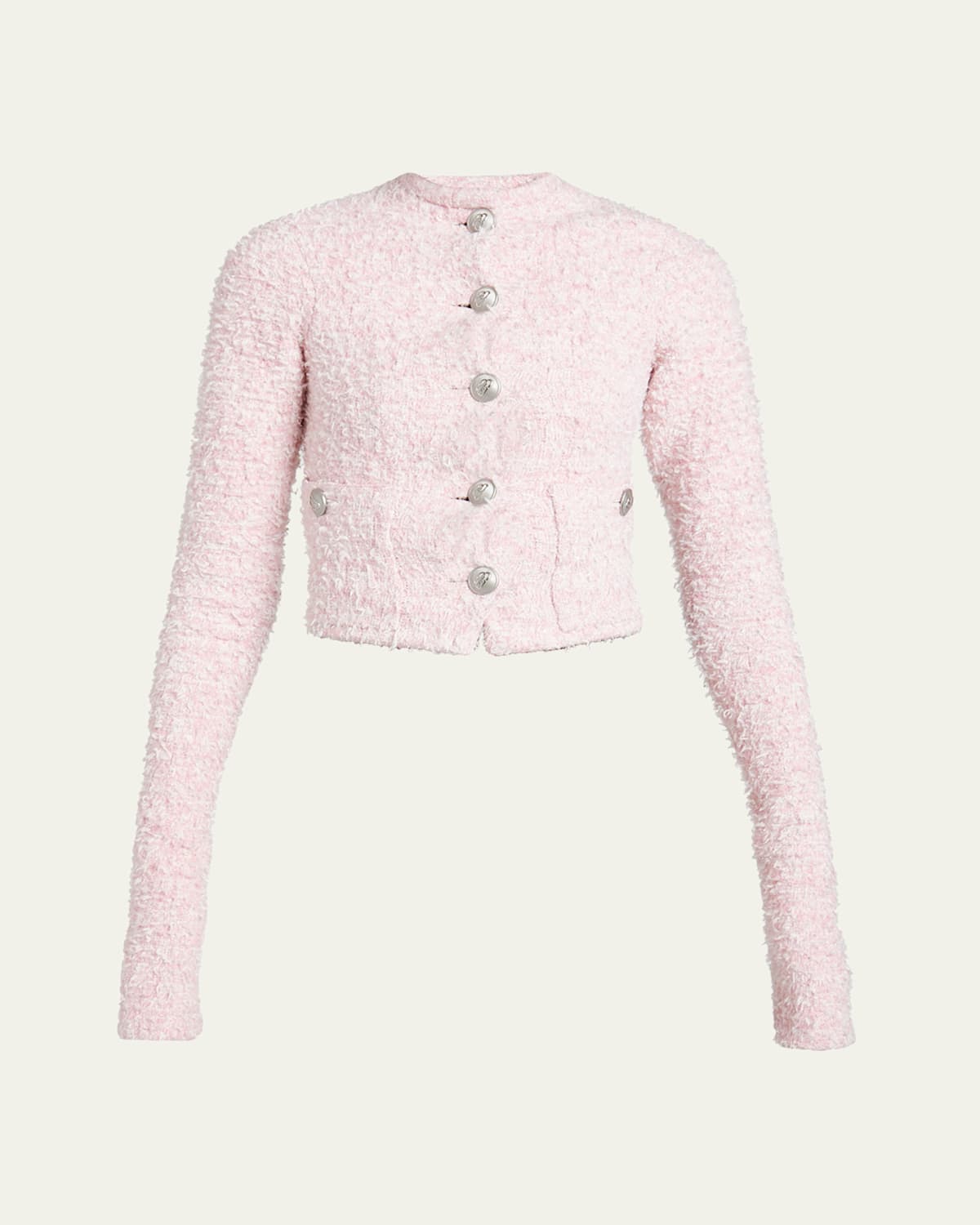 Cropped Tweed Knit Cardigan with Logo Buttons
