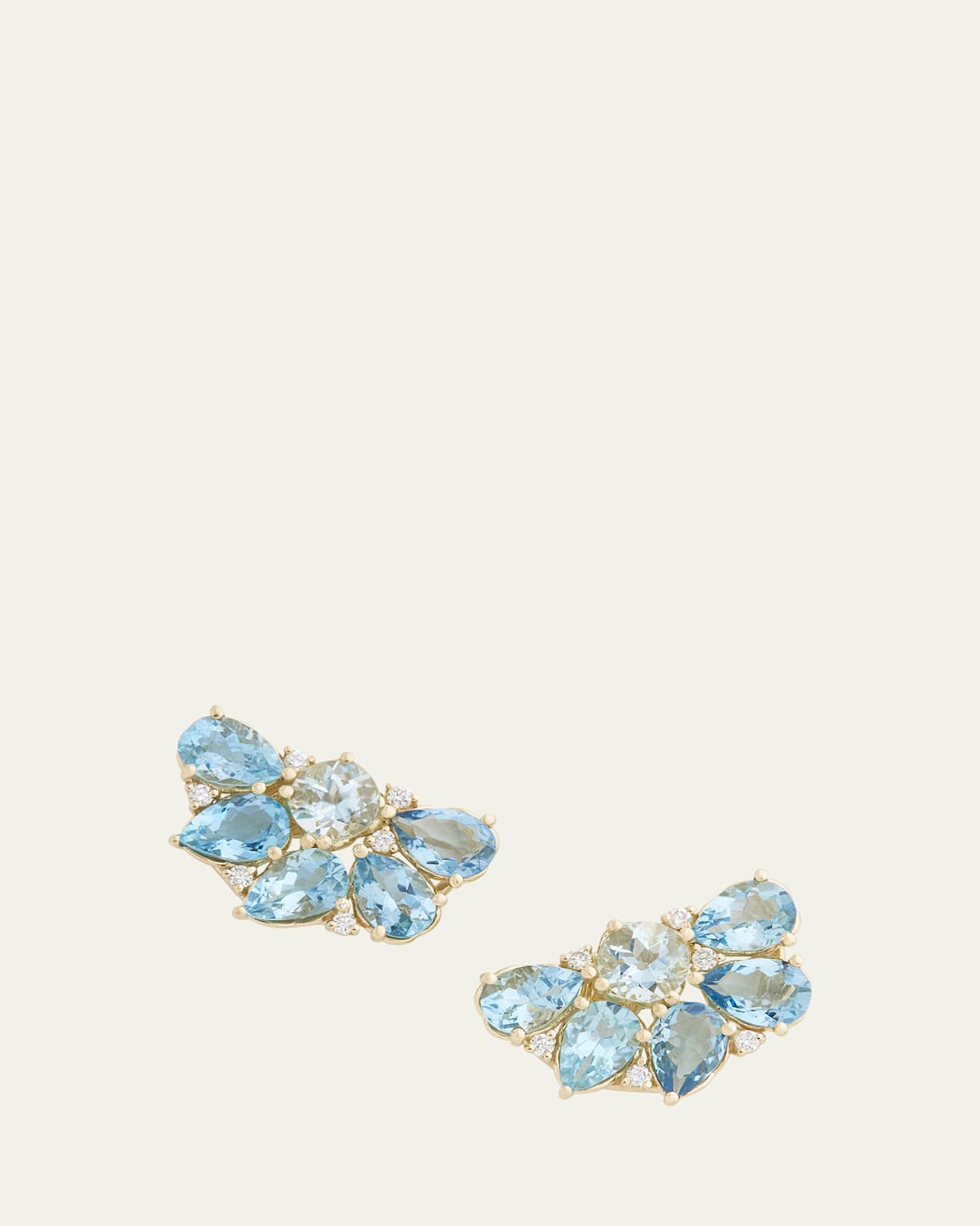 18K Yellow Gold Floral Cluster Stud Earrings with Aquamarine and Diamonds