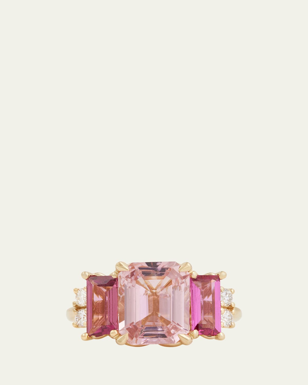 18K Yellow Gold Emerald Cut Ring with Pink Tourmaline and Diamonds